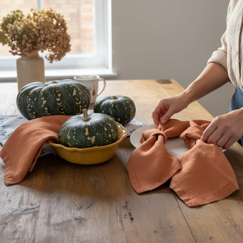 Eight Owls Linen Napkins â€“100% French Flax â€“ Stonewashed Pure Linen Cloth Napkins - Size 18 Inch x 18 Inch â€“ Set of 4 (Rustic Orange) - Image 2